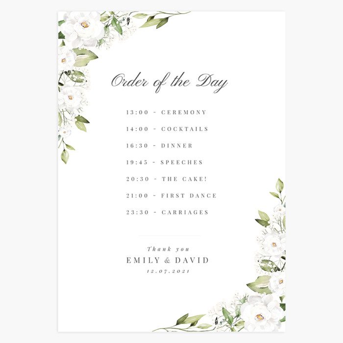 White Peony and Gypsophila Order of the Day Sign