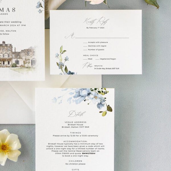 Dusty Blue Wedding Invitations with details card & RSVP