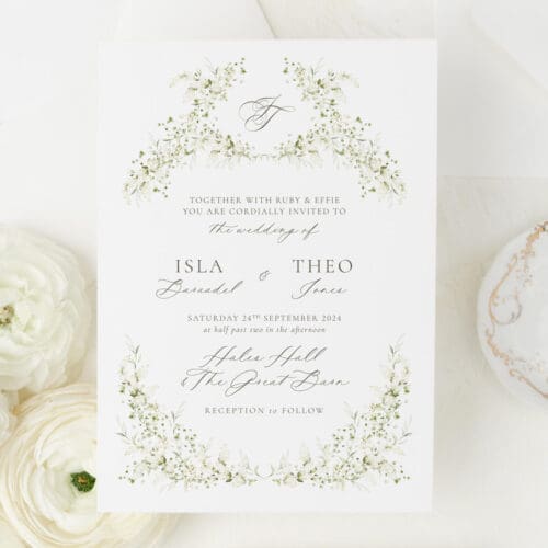 Capture timeless elegance with enchanting Green and White Wedding Invitations featuring stunning watercolour illustrations.