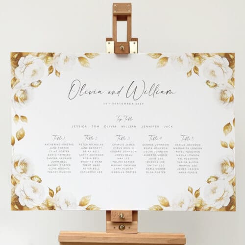 white and gold table plan