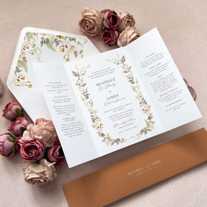 Embrace the season with our Autumn Gatefold Wedding Invitations—warm, elegant, and perfect for a cozy, romantic celebration.